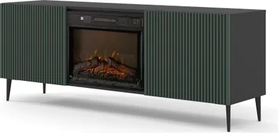 Produktbild von TV-Schrank RAVENNA 2D 170 cm mit Kamin SCHWARZ MATT / DUNKELGRÜN auf schwarzen Beinen