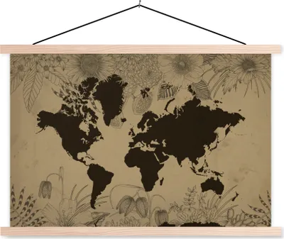 Produktbild von MuchoWow® Textilposter Weltkarte - Vintage - Schwarz 120x80 cm mit holzfarbenen Rahmen - Aufhängeset