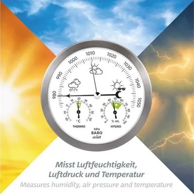 Obrázek produktu pro Meteorologická stanice z nerezové oceli s barometrem, teploměrem a vlhkoměrem pro vnitřní i venkovní použití