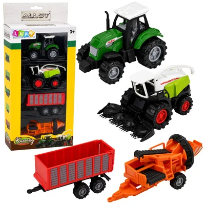 Obrázek produktu pro Sada zemědělských vozidel Traktor Sklízecí řezačka Přívěs Balíkovač 1:68 4 ks.