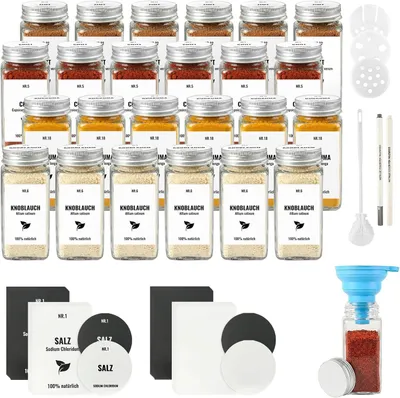 Obrázek produktu pro Sada 24 skleněných nádobek na koření, objem 120 ml, se skleněnými nádobami, hliníkovými víčky, vhodná do kuchyně
