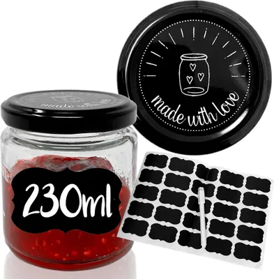 Produktbild von 25x 230ml Marmeladengläser made with love Einmachgläser inkl. wiederverwendbaren Etiketten & abwischbarem Stift - ideal zum Verschenken
