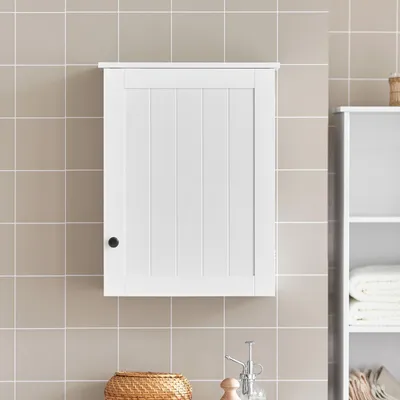 Produktbild von SoBuy Hängeschrank Badezimmerschrank hängend mit Tür verstellbaren Ablagen, Wandschrank aus Holz, für Küche Flur Gäste-WC Medizinschrank, Weiß BZR19-W