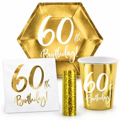 Produktbild von Party Geschirr 60. Geburtstag gold Partyset Einweggeschirr 60 Jahre Teller Becher Servietten