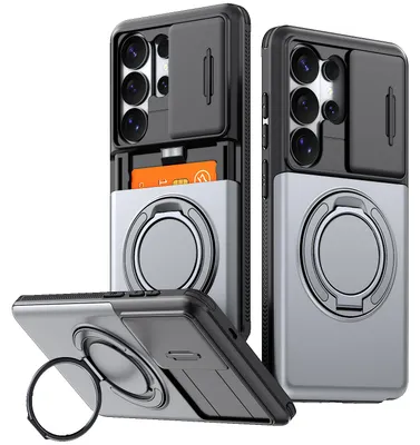 Image de Coque de téléphone avec compartiment pour cartes pour Samsung Galaxy S26 Ultra, cache-caméra coulissant, anneau et support, coque de protection antichoc, couleur grise