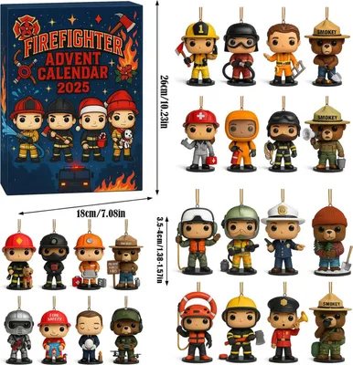 A firefighter advent calendar box and a collection of firefighter-themed ornaments.