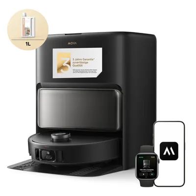 A product shot of a black robot vacuum cleaner with a bottle of cleaning fluid and smart devices.