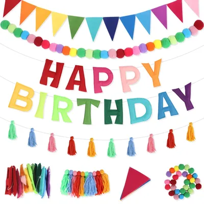 4-teiliges 3D Happy Birthday Banner, mehrfarbig, Pompom-Girlande
