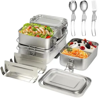 Immagine prodotto di Set di 4 contenitori per il pranzo in acciaio inossidabile (304) Unyqoos®, con scomparti regolabili, a prova di perdite e lavabili in lavastoviglie – include cucchiaio e forchetta per bambini