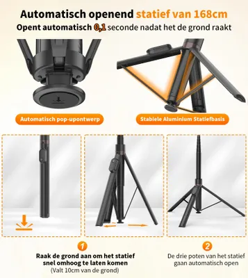 Obrázek produktu pro Automatický stativ pro selfie, výška 168 cm, s magnetickým dálkovým ovládáním, otočný o 360°, určený pro smartphony