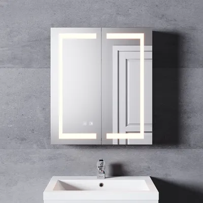 Image de SONNI Armoires de toilette en acier inoxydable à porte battante Dual Touch Interrupteur 60x70x13cm avec éclairage LED + interrupteur antibuée avec prise rasoir