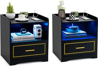 Two black nightstands with gold trim and blue LED lighting are displayed side-by-side against a white background.