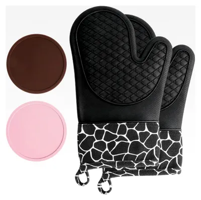 Produktbild von Ofenhandschuhe aus Silikon, hitzebeständig, Set mit 2 Backhandschuhen und 2 Topflappen, rutschfester Griff, für sicheres Backen und Kochen, temperaturbeständig bis 230°C