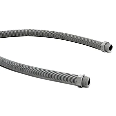 Two sections of a gray flexible conduit hose with threaded connectors are shown against a white background.