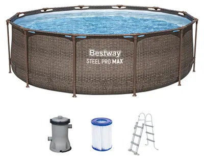 Zdjęcie produktu dla Basen stelażowy, okrągły, ogrodowy, 366 x 100 cm, Steel Pro Max Rattan z konstrukcją zestaw 10w1 Bestway 56709