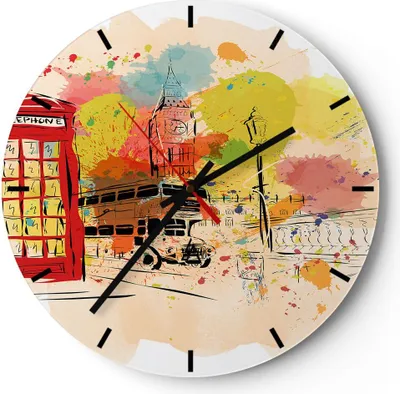 Produktbild von Wanduhr - Rund - Glasuhr - London Bus - 40x40cm - Schleichendes Uhrwerk - Lautlos - zum Aufhängen bereit - Dekoration Modern - Wanddekoration aus Glas - C3AR40x40-3920