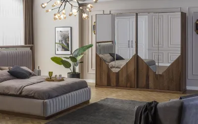 Produktbild von Luxus Schlafzimmer set Bett + 2x Nachttische + Kleiderschrank Modern Komplett