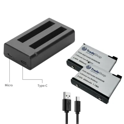 Produktbild von Trade-Shop 3in1 Set: 2x Akku + USB-C Dual LED Schnell-Ladegerät für 2 Akkus für IS360X3B, Insta360 ONE X3 / Actionkamera 360-Grad-Kamera Digicam