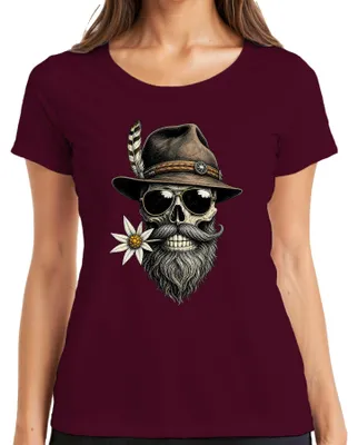Produktbild von Totenkopf Bart Edelweiss Trachtenhut Trachtenshirt Lederhose Alpen Damen T-Shirt, Burgundy, 3XL