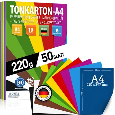 A4 Farbkarton 50 Blatt 220 g/m², 10 Farben, Bastelpapier