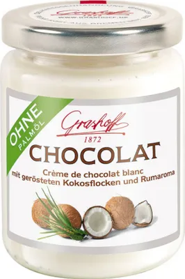 Produktbild von Schoko-Creme CHOCOLAT mit weißer Schokolade, Kokos und Rumaroma von Grashoff, 235g