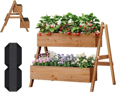 A two-tiered wooden planter box filled with strawberries on the top tier and flowers on the bottom tier. A smaller, separate image shows a similar planter with two boxes on an A-frame structure. Another separate image shows a black, folded geometric shape.