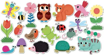 A collection of colorful, cartoon-like illustrations of garden animals and plants.