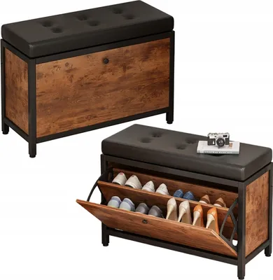 Two views of a shoe cabinet with a bench seat.