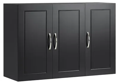 Productafbeelding van Badkamerkast met drie deuren, houten opbergkast met verstelbaar legplank, geschikt voor badkamer en keuken, zwart, 90x60x30 cm
