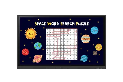 A digital display showing a space-themed word search puzzle with planets and stars.