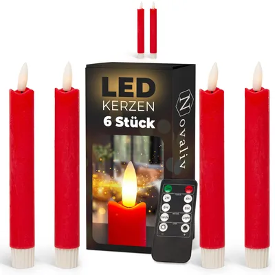 Produktbild von Stabkerzen LED mit Timer ROT 6 Stück indoor - 6 Stunden - ECHTWACHS 18cm Höhe für Kerzen 2,2cm Durchmesser 2 AAA Batterien notwendig LED Stabkerzen 4er Set ROT (zwei Mal) bewegliche Flamme Licht