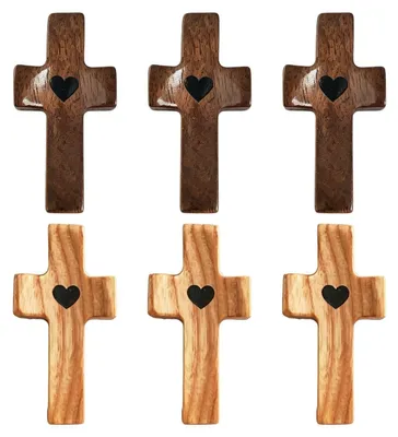 6 handgeschnitzte Holzkreuze, Walnuss-Wachsholz, 5x2,5x1,4 cm