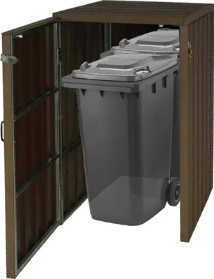 Produktbild von XL 1er-/2er-WPC-Mülltonnenverkleidung MCW-J28, Premium Mülltonnenbox, Metall Holzoptik, erweiterbar braun