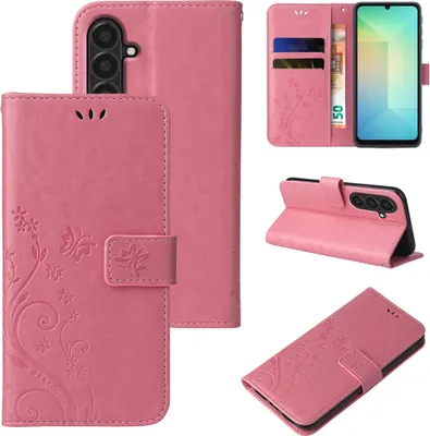 A collage of images showing a pink floral flip phone case from different angles.