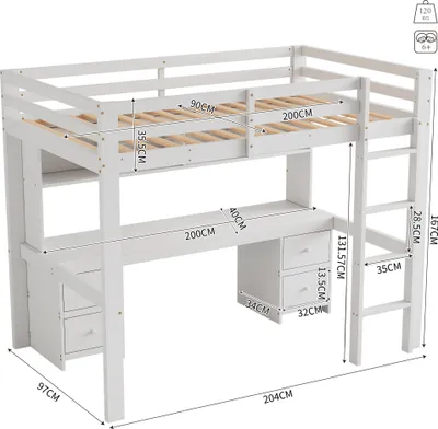 Zdjęcie produktu dla łóżko na poddaszu 90*200 cm, łóżko powyżej, stolik poniżej, dodatkowe miejsce do przechowywania, wysoka poręcz, stabilne schody, biały