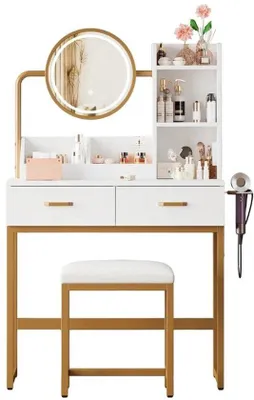 Productafbeelding van Make-uptafel Met Verlichting - Gouden Poten - Compact Design - Met Lades En Opbergruimte