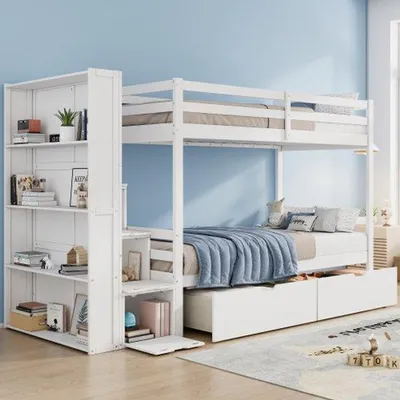 Productafbeelding van Kindermeerkamerbed met opbergplatform, opbergladder en twee lades, 90*200 cm, multifunctioneel, groot opbergruimte, zonder matras, hout + MDF, wit
