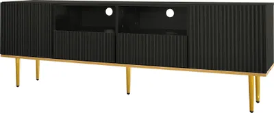 Image de Fortuna Lai Armoire TV moderne 165 x 36 x 55 cm, socle avec pieds et bordure dorés, design sobre en noir