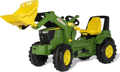 A toy tractor with a front loader, shown from a three-quarter angle against a white background.