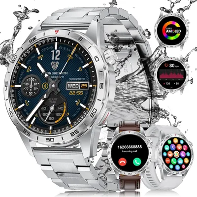 Herren Smartwatch mit Telefonfunktion 1.43 Inch AMOLED Touchscreen IP68 Fitnessuhr mit 3 Armbändern