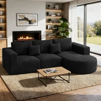 Produktbild von Aivermeil Modernes L-Sofa in L-Form – Cloud-Couch aus Cord für das Wohnzimmer montagefrei inklusive zwei Kissen, 264x177 cm, Schwarz, Rechte Recamiere