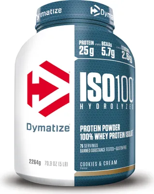 A product shot of a Dymatize ISO 100 Hydrolyzed Whey Protein Isolate powder container.