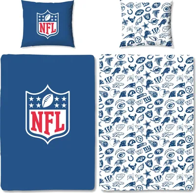 A collection of NFL-themed bedding items, including a pillowcase and a duvet cover, displayed against a white background.