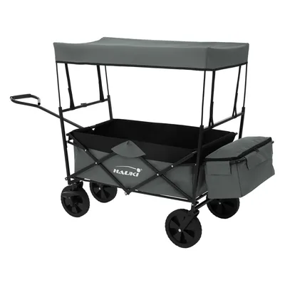 Produktbild von HAUKI Bollerwagen L faltbar mit Dach, Grau, Handwagen klappbar, Gerätewagen inkl. 2x Netztaschen und 1x Außentasche, Vorderrad-Bremse, bis 80 kg