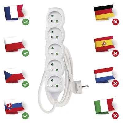 Prodlužovací kabel 1,5 m / 5 zásuvek / bílý / PVC / 1 mm2