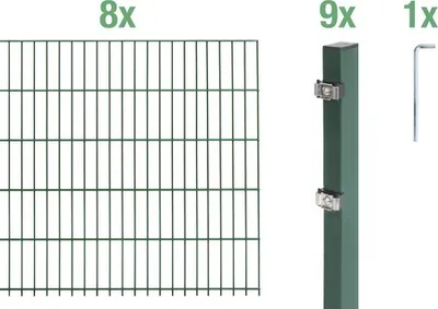 Immagine prodotto di Alberts 650070 Doppelstabmattenzaun als 18 tlg. Zaun-Komplettset, grün, Höhe 120 cm, Länge 16 m