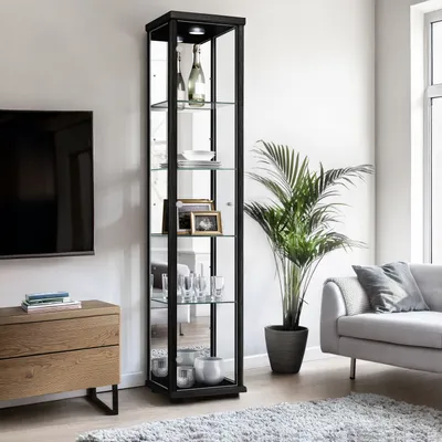 Produktbild von K-Möbel Glasvitrine stehend in Schwarz (176x37x33 cm) mit 4 höhenverstellbaren Glasböden, Spiegel & LED - Standvitrine - Vitrinenschrank Sammler