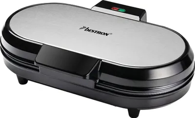 A closed waffle maker with a silver top and black base, shown from a slightly elevated angle against a white background.