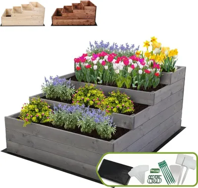 Produktbild von MODO24 Hochbeet Holz, Pflanzkasten, Massivholz, Kiefer, Kräuterbeet, Blumenkasten, Garten, Terrasse, 54x90x120 cm, Grau, ZP07