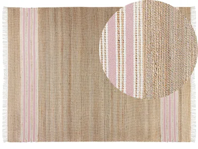 Zdjęcie produktu dla BELIANI Dywan beżowo-różowy juta 160 x 230 cm z frędzlami geometryczny wzór w paski ręcznie pleciony styl boho do przedpokoju korytarza